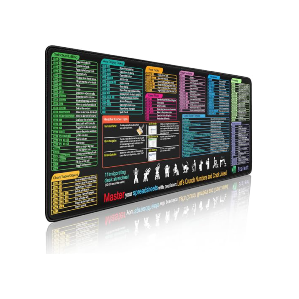 Tapete de teclado de planilha grande estendida Excel, teclas de atalho, mousepad, borda costurada antiderrapante