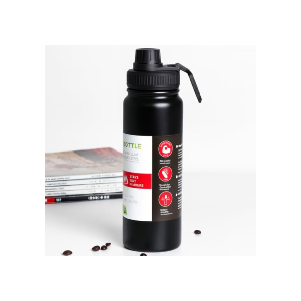 Garrafa Térmica Esportiva 800ml Aço Inox 304 Preta Academia Tampa Antivazamento Alça Dobrável BPA Free Parede Dupla Vácuo Fria 12h Quente 8h Infusor Frutas Portátil Elegante Durável