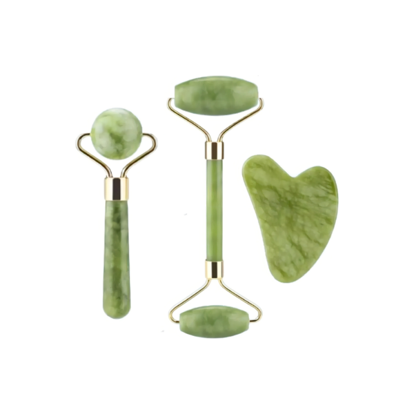 Rolo Pedra de Jade + Placa Gua Sha Massagem Facial Anti Ruga