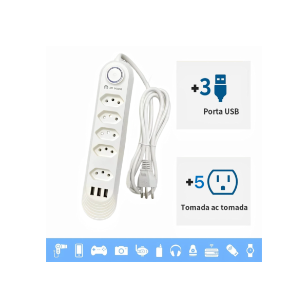 Régua Filtro de Linha com 5 Tomadas Extensão Elétrica 3 Universal 3USB Type c 10A 110V/220V 2500W