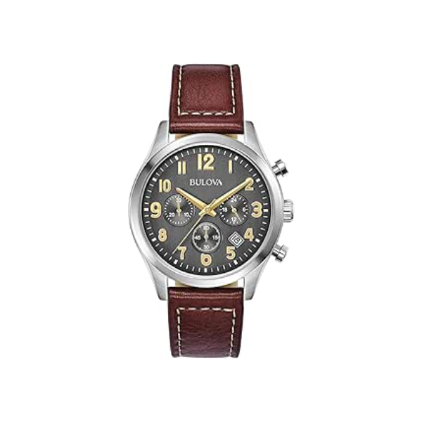 Bulova Relógio masculino clássico de aço inoxidável com 6 ponteiros e pulseira de couro de quartzo com mostrador cinza, detalhes dourados, marcadores árabes, 41 mm