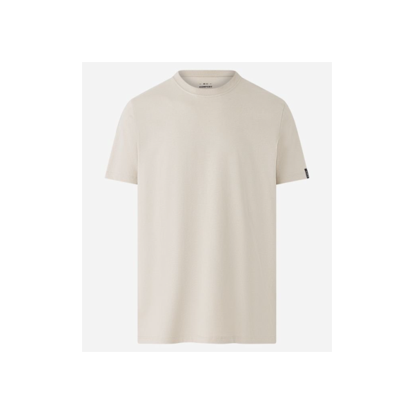 Camiseta Comfort Básica em Malhão com Etiqueta na Manga Bege Claro