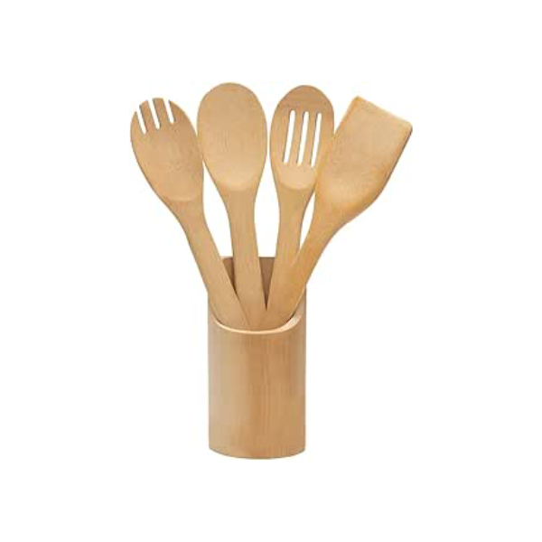 Mimo Style Kit de Utensílios 5 Peças Ecokitchen, Produzido em Bambu 100% Ecológico, Utensílios Resistentes ao Calor, Não Danificam o Revestimento Antiaderente