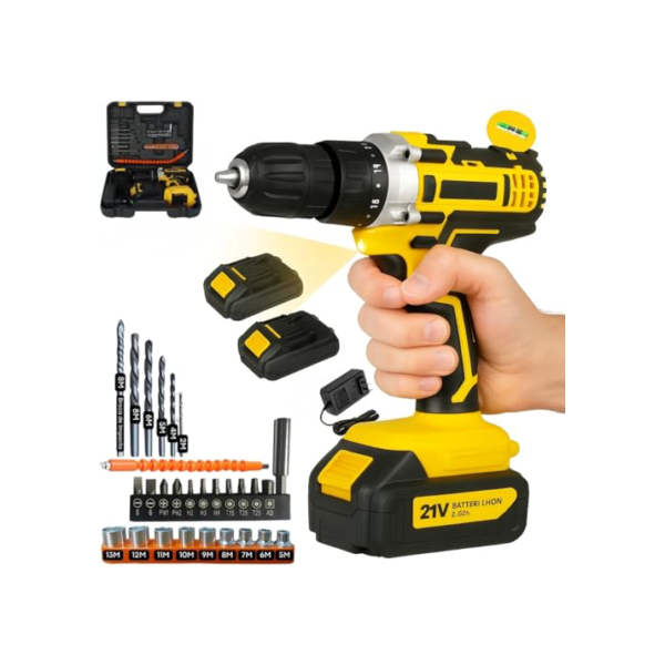 Furadeira e Parafusadeira de Impacto Sem Fio 21V com LED, 2 Baterias Recarregáveis Bivolt e 32 Acessórios - Maleta Completa para Uso Doméstico e Profissional
