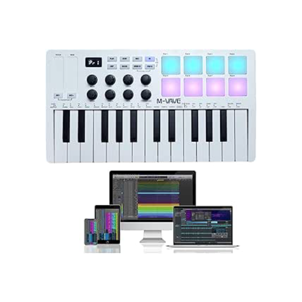 M-VAVE Teclado controlador 25 teclas USB MIDI com 8 pads de bateria retroiluminados, teclado dinâmico profissional semipesado Bluetooth, 8 botões e produção musical, software incluído (branco)