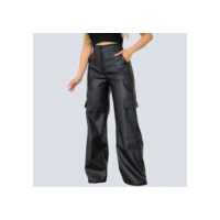 Calça Couro Pantalona Cargo Feminina Wide Leg Premium Gringa