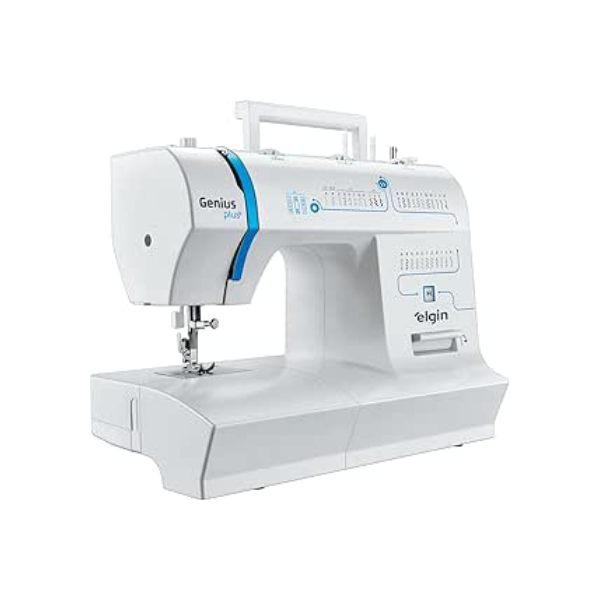 Máquina de Costura Genius Plus Elgin Portátil 31 pontos Agulha Dupla Branco e Azul 220V