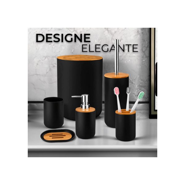 Kit Banheiro Lavabo Conjunto Acessórios lixeira escova 6 Peças Bambu Luxo Preto/Branco
