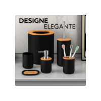 Kit Banheiro Lavabo Conjunto Acessórios lixeira escova 6 Peças Bambu Luxo Preto/Branco