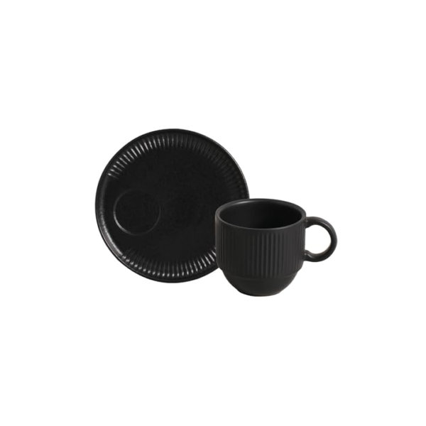Porto Brasil Conjunto com 6 Xícaras de Chá Empilhável com 6 Pires Linhas Preto Matte 230ml