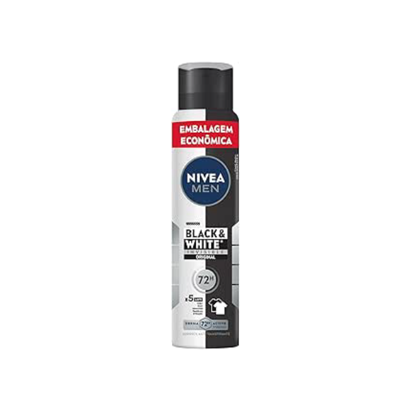 NIVEA MEN Desodorante Masculino Antitranspirante Aerossol Black & White Invisible Original 200ml - Protege por 72h e evita manchas nas roupas