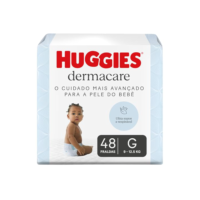 Fralda Huggies Premium Dermacare Tamanho G - 48 Fraldas Premium com formato anatômico, materiais ultra macios e respiráveis. Super absorção de até 12 horas e ajuda previnir assaduras