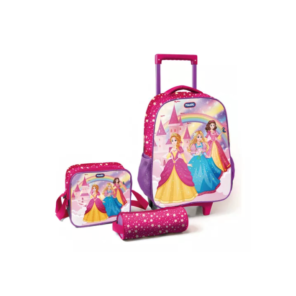 Kit De Mochila Escolar Magic Kids Mochila De Rodinhas Com Estojo E Lancheira Princesas
