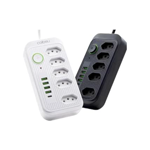 Extensão Tomada de Energia com USB - 5 Tomadas, 4 USB-A, 1 USB Tipo-C, Cabo de Alimentação de 2 metros, Suporte a Tensão de 110-220V - Filtro de Linha, Potência de 2500W (Preto)