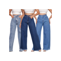 Calça Jeans Feminina Cintura Alta Wide Leg Com Bolso