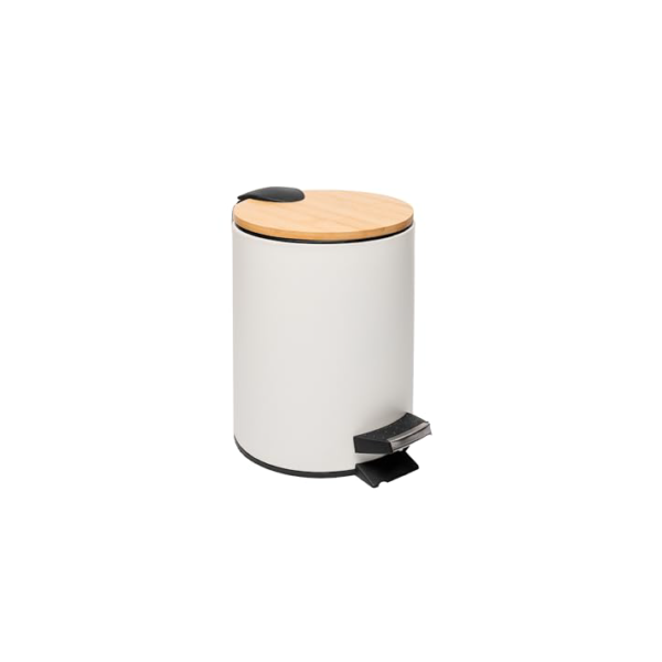 LYOR - Lixeira Redonda De Metal Com Pedal e Tampa Em Bambu Branca 3L