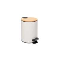 LYOR - Lixeira Redonda De Metal Com Pedal e Tampa Em Bambu Branca 3L