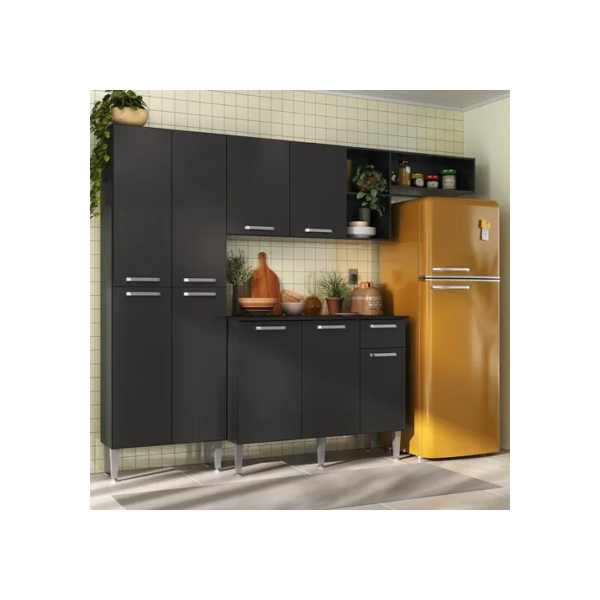 Cozinha Modulada Completa Compacta Pequim 9 Portas com Armário e Balcão Mp2933 Multimóveis Cor Preto Acetinado Texturizado