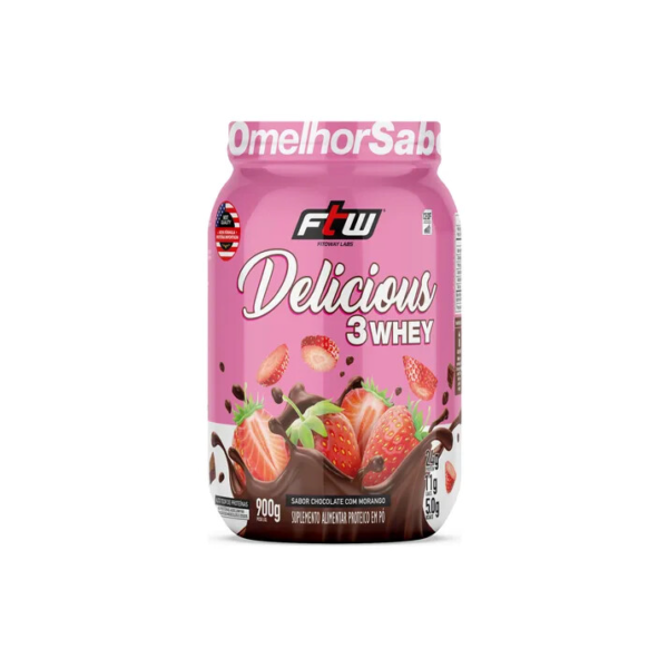 Delicious 3 Whey Proteína Hidrolisada Concentrada E Isolada Pote 900g Sabor Chocolate com Morango - FTW