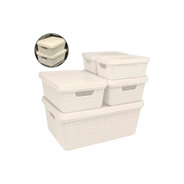 Kit 5 Caixas Organizadoras Cesto Tampa Multiuso 1,8l 5l 15l