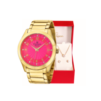 Relógio Feminino Champion Analógico Dourado Rosa Prova D'agua CN29409J Colar e Brincos