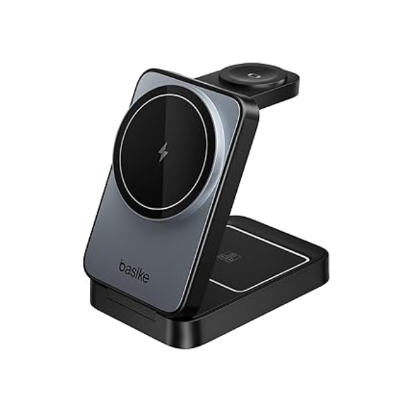 Basike Carregador Sem Fio 3 em 1 Magnético 2025, Estação de Carregamento Portátil com Luz Noturna, Dobrável e Compatível com MagSafe, iPhone 16/15/14/13/12, Apple Watch e AirPod (Preto)