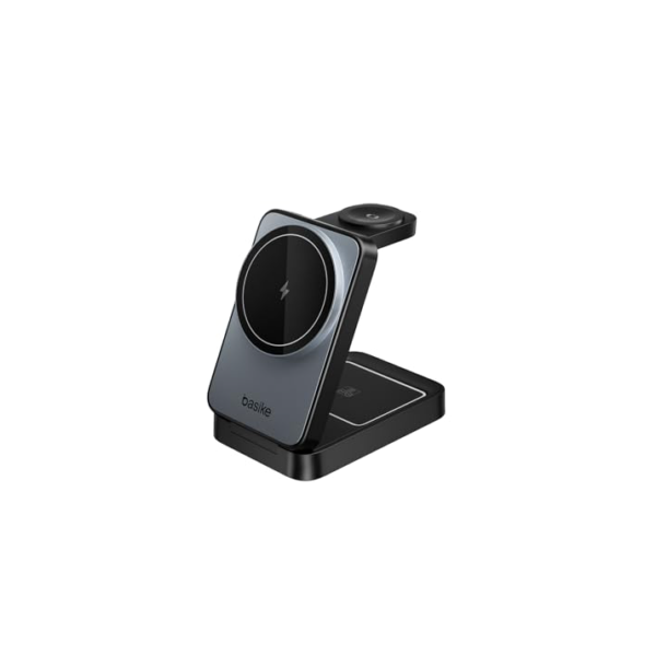 Basike Carregador Sem Fio 3 em 1 Magnético 2025, Estação de Carregamento Portátil com Luz Noturna, Dobrável e Compatível com MagSafe, iPhone 16/15/14/13/12, Apple Watch e AirPod (Preto)