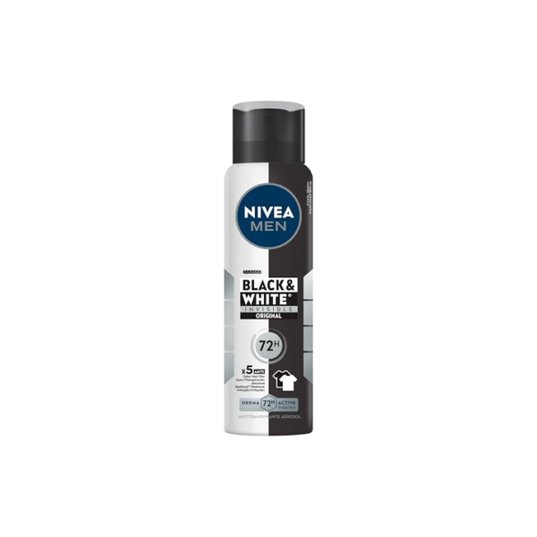 NIVEA MEN Desodorante Masculino Antitranspirante Aerossol Black & White Invisible Original 150ml - Protege por 72h e evita manchas nas roupas