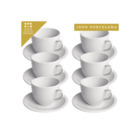Jogo 6 Xicara Café Chá Porcelana Branca 170ml Com Pires Lar e Decoração