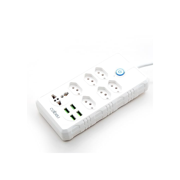 Extensão Tomada, Régua Tomada, Régua de Energia, 6 Tomadas, 4 Interfaces USB, 1 Tomada Universal, Cabo de Alimentação de 1,9 metros, Suporte a Tensão de 110-220V, Potência de 2500W, Branco