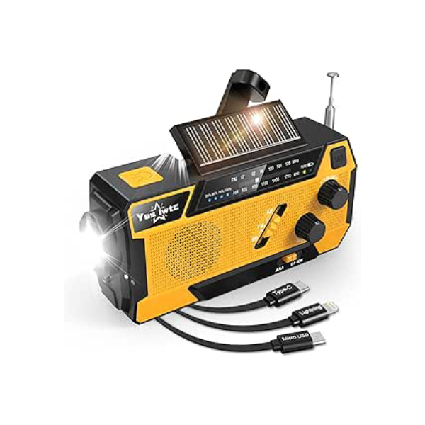Rádio de emergência com manivela NOAA 7400 mWh, cabo de carregamento 3 em 1 operado por bateria, carregador de manivela manual com AM FM alimentado por energia solar