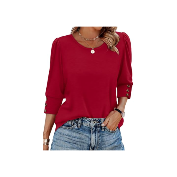 Blusas femininas de manga 3/4 com botões elegantes casuais roupas de verão férias na praia plus size roupas de primavera, Vermelho, M