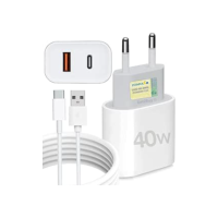 Kit Carregador Super Turbo 40W Porta Dupla (USB-A + USB-C) + Cabo USB e Tipo-C, Compatível com Todos Dispositivos, Iphone 15/16 IOS Android Galaxy, Tablets, Notebooks, Linha Premium