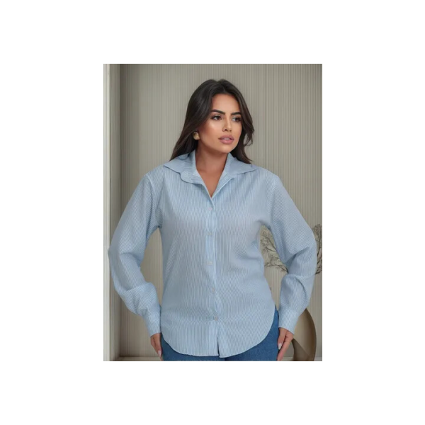 Camisa Social Listrada Botão Gola Manga Longa Tendencia