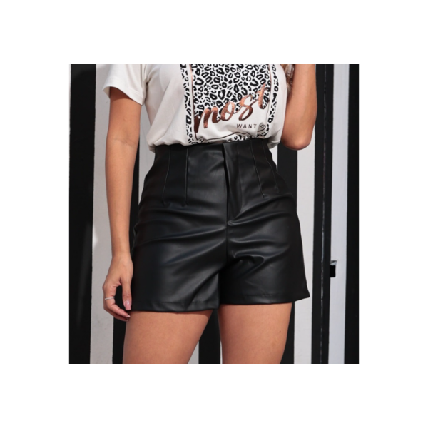 Short Feminino de Couro Fake Cintura Alta