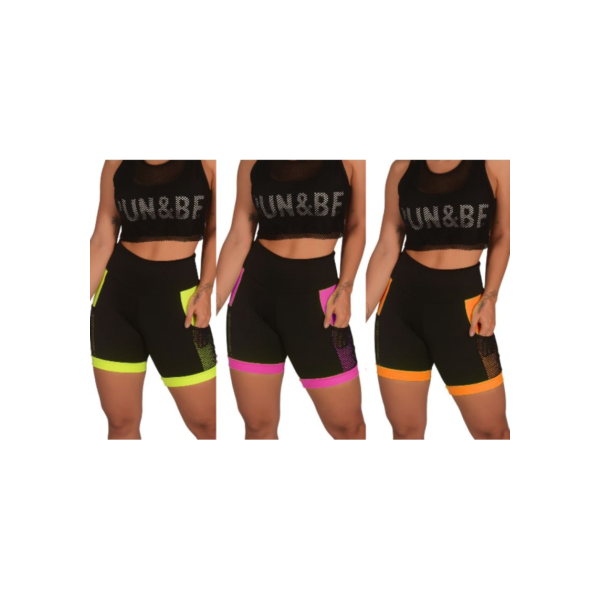 Kit 3 Short Feminino Fitness Academia com Bolso de Tela Porta Celular | B003