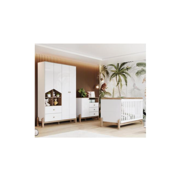 Quarto de Bebê Completo com Berço Cômoda e Guarda-roupa Henn Ternura Branco e Jequitibá