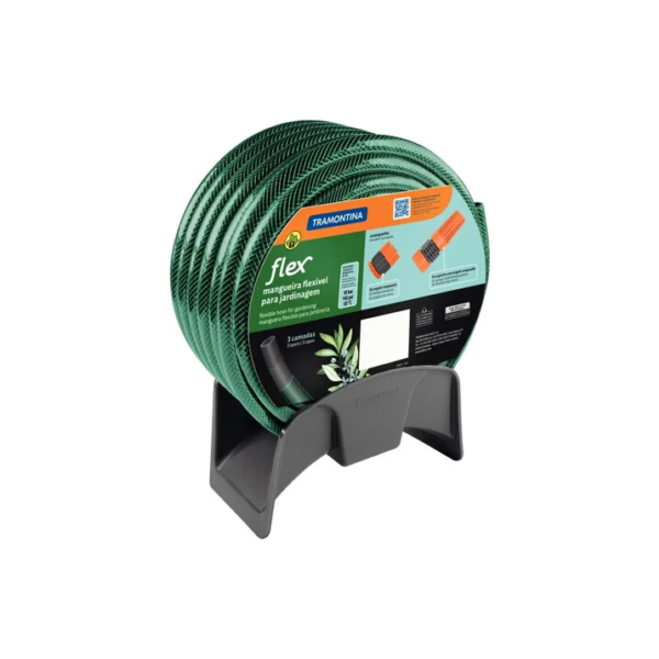 Mangueira Flex Para Jardim Tramontina Verde em PVC 3 Camadas 20 m com Engate Rosqueado, Esguicho e Suporte Mural