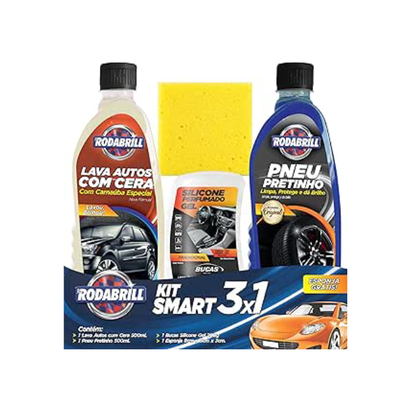 Kit Smart Rodabrill - Lava autos com cera, Pneu pretinho, Silicone gel tradicional