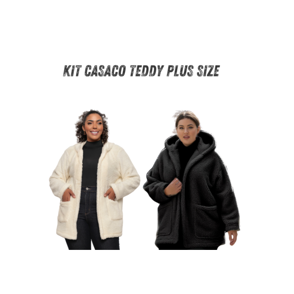 2 Casaco Teddy Feminino Longo Branco Preto Inverno Bear Pelúcia Jaqueta Ted Com Forro Blusa de Frio Lançamento Promoção