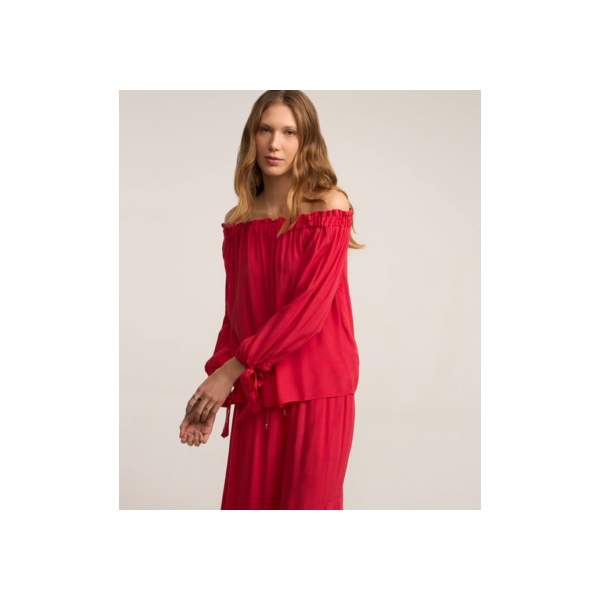 Blusa Ombro a Ombro em Viscose com Amarração no Punho Vermelho Rosado