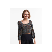 Blusa Texturizada com Estampa Paisley e Manga Bufante Preto