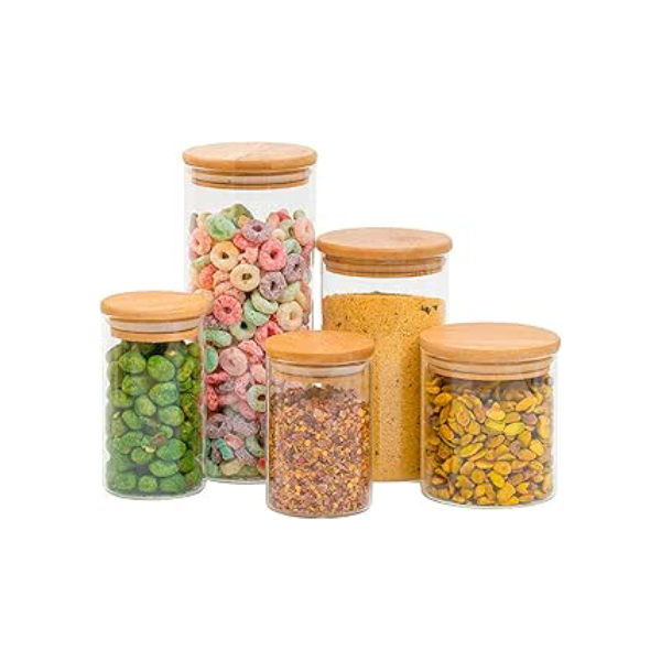 Kit 5 potes de vidro com tampa de bambu herméticos redondos - Tüd