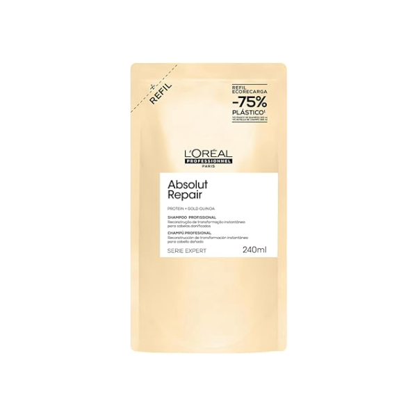 L'Oréal Professionnel Serie Expert Absolut Repair, Shampoo Reconstrutor para Cabelos Danificados e Finos Refil com Quinoa Dourada, Reparação Profunda e Brilho Intenso 240ml