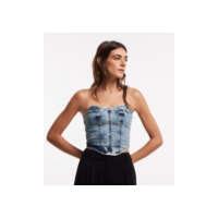 Top Corset em Jeans com Decote Tomara que Caia e Recortes Azul