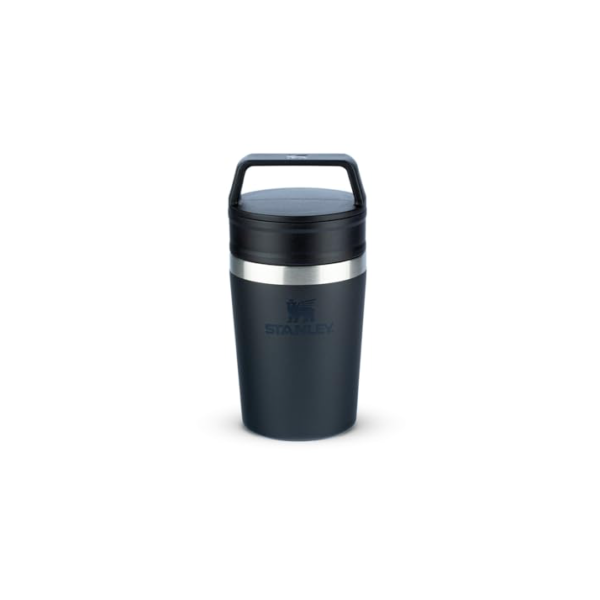 Stanley - Copo de Café Térmico, Caneca de Viagem Café Go com Tampa de Duas Partes Para Beber e Alça de Transporte, Garrafa Térmica de Aço Inoxidável, 236 ml, Black