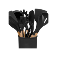 Jogo de Cozinha Kit C/12 Pçs de Silicone Utensílios e Copo Suporte para Cozinha Cabo de Madeira Su