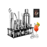 Kit de Coquetel Profissional com 26 Peças, Coqueteleira de 750 ml, Vem com suporte de acrílico, Coqueteleira Inox, Kit Bartender, Ideal para Bebidas Mistas, Casa, Bar e Festas