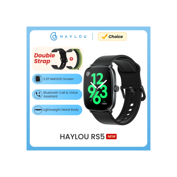 HAYLOU-RS5 Smartwatch com Display HD AMOLED, Chamada Bluetooth, Assistente de Voz Esportiva, Açúcar no Sangue, Alças Duplas, Smartwatch, 2.01"