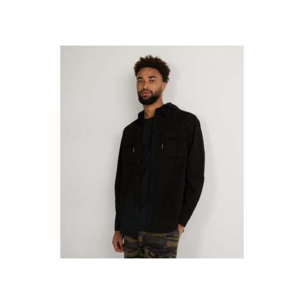 Camisa Overshirt em Sarja com Capuz Moletom e Bolsos Preto